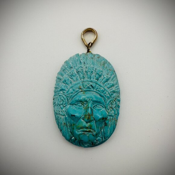 Carved Turquoise Chief Pendant - 15g - 925 bail - Picture 2 of 4